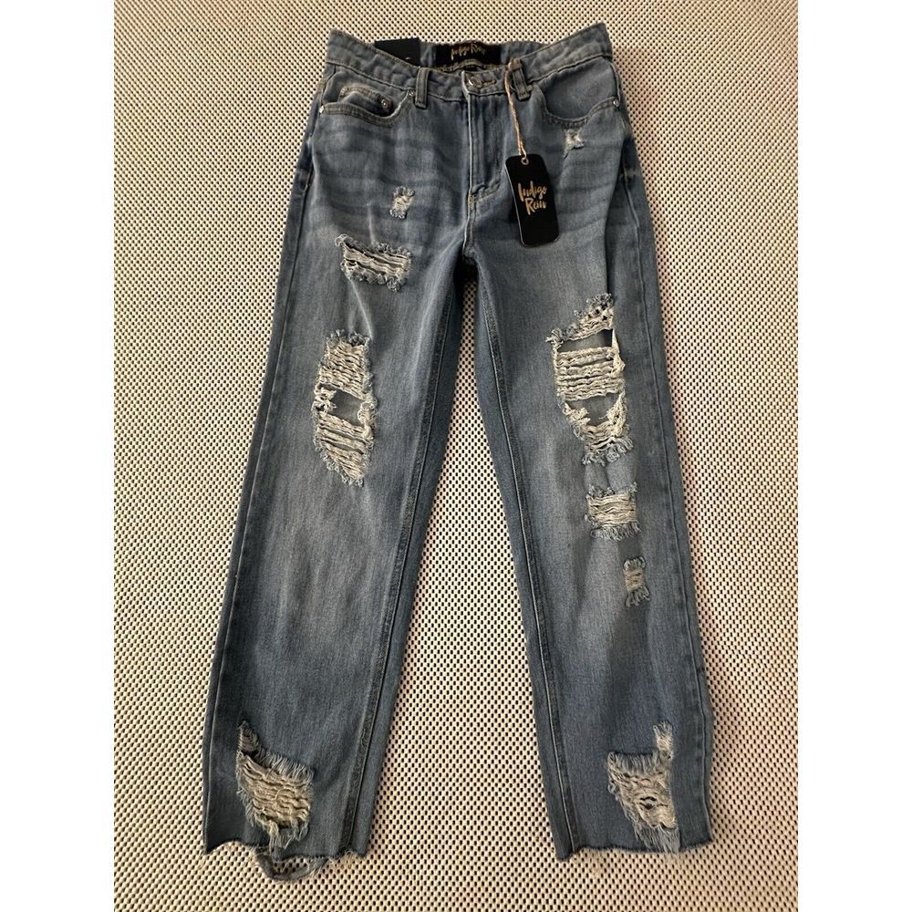NWT Indigo Rein Womens Jeans SZ 5/26 Super High Rise Straight Leg Ankle NEW Rips